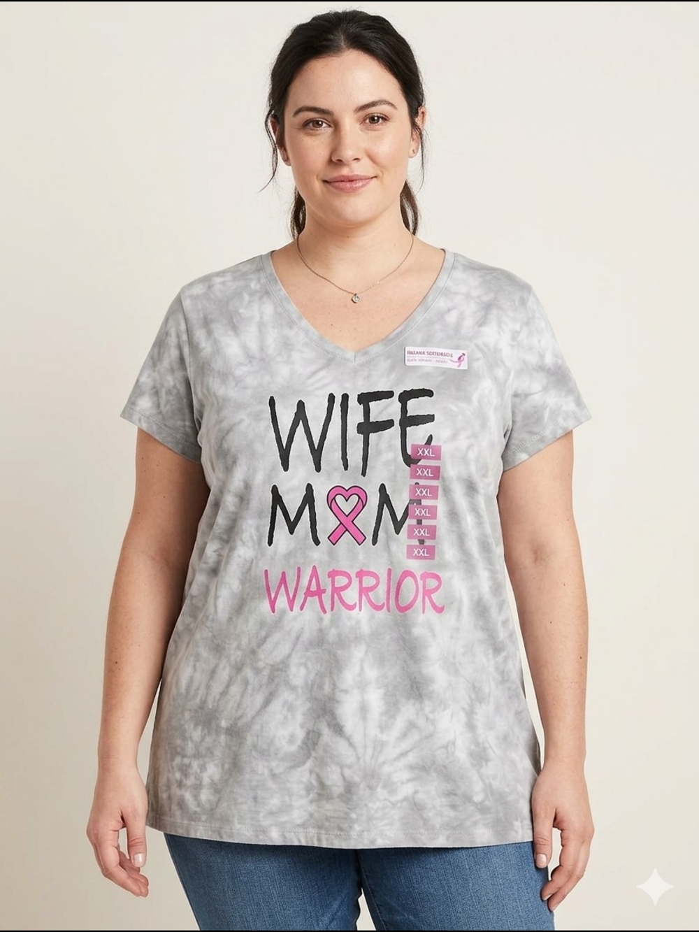 Wife Mom Warrior Short Sleeve V-Neck Tee - Gray Tie-Dye
